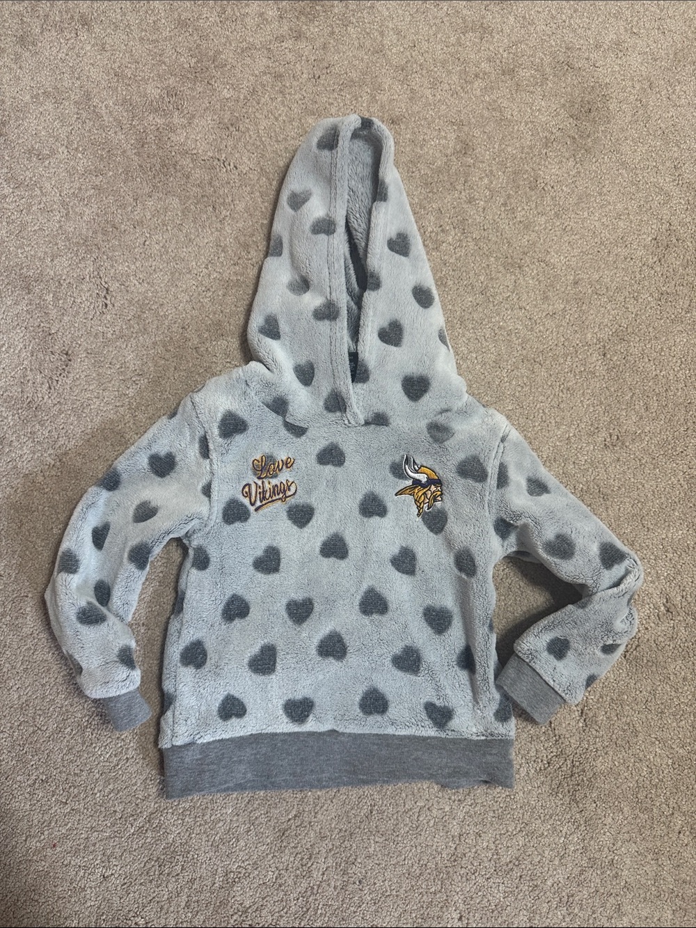 NFL Grey Heart Plush Hoodie with Vikings Patch